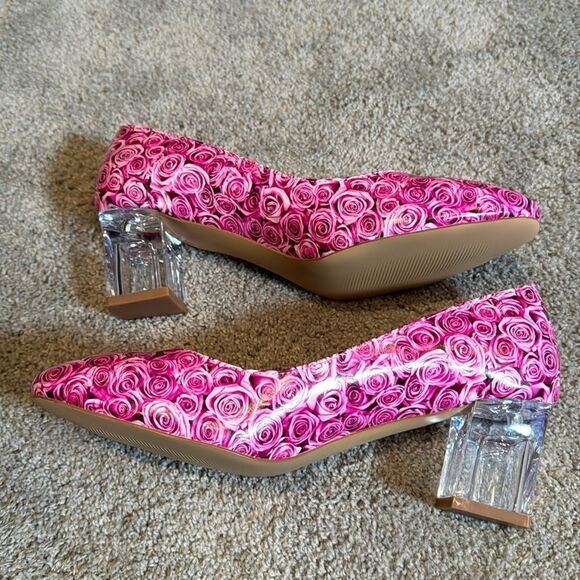 Reindee Lusion Pink Roses Transparent Block Mid Heel Round Toe Size 9.5 NEW - Picture 5 of 15
